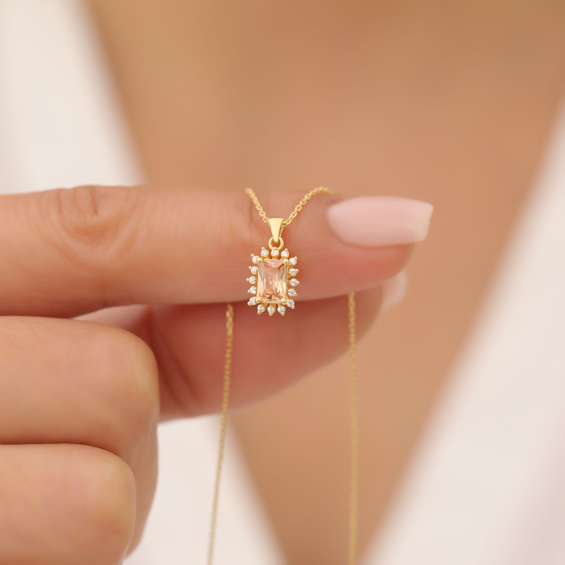 Citrine Rectangle Necklace Surrounded by Real Diamonds in 14K Solid Gold, November Birthstone Jewelry Queen Jewelry Necklace