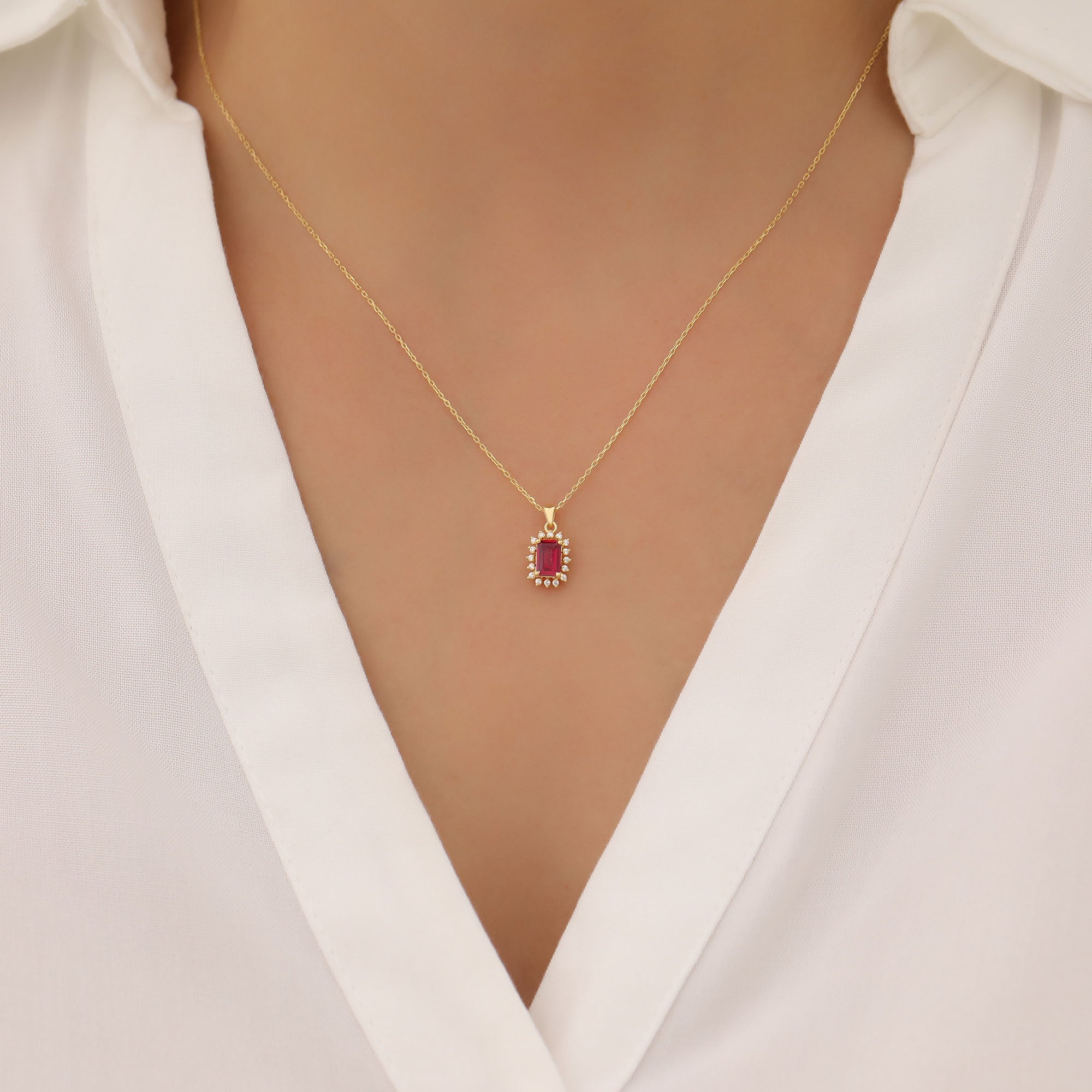 Ruby Rectangle Necklace Surrounded by Real Diamonds in 14K Solid Gold, July Birthstone Jewelry Queen Jewelry Necklace