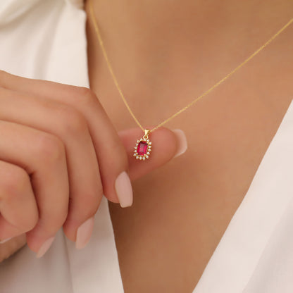 Ruby Rectangle Necklace Surrounded by Real Diamonds in 14K Solid Gold, July Birthstone Jewelry Queen Jewelry Necklace