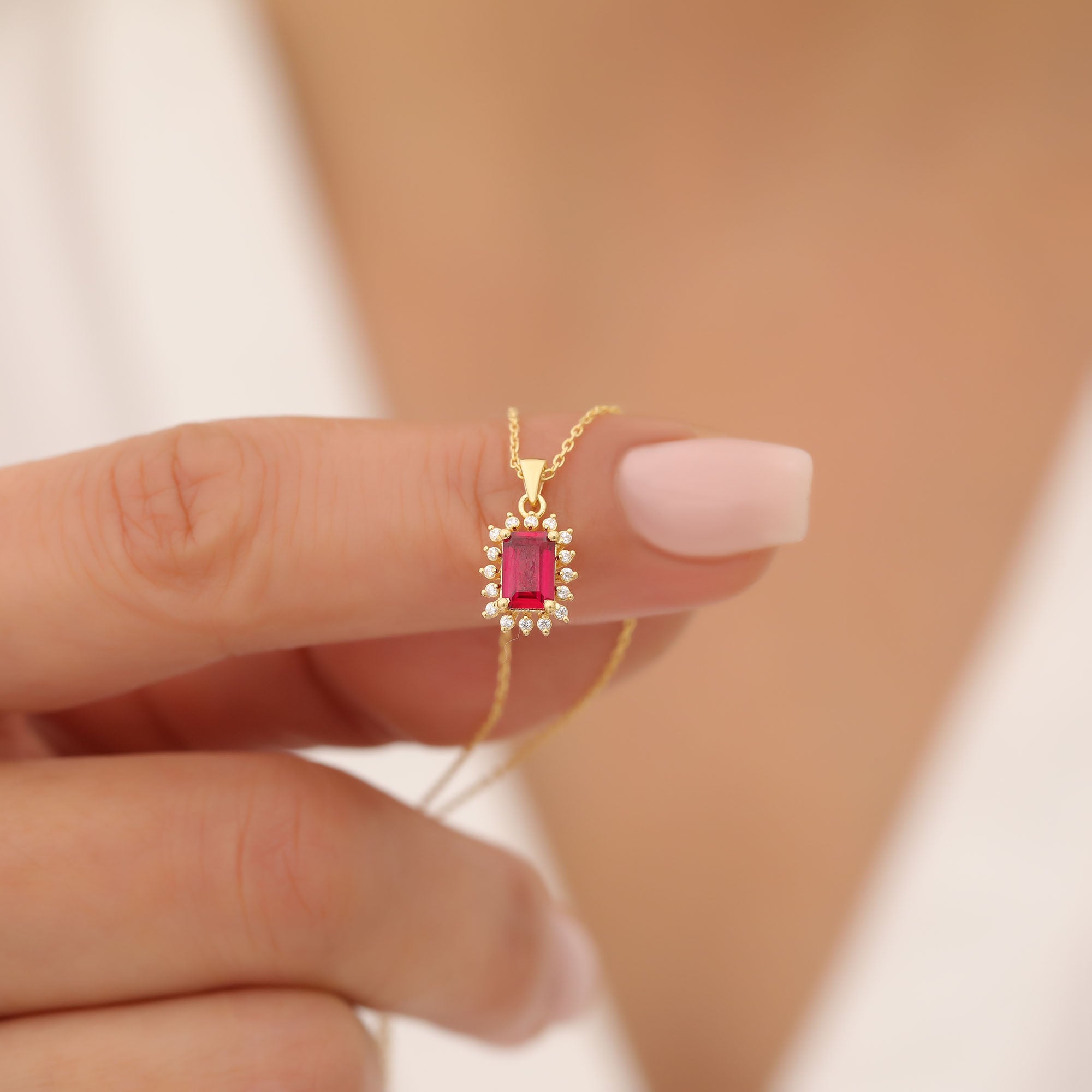 Ruby Rectangle Necklace Surrounded by Real Diamonds in 14K Solid Gold, July Birthstone Jewelry Queen Jewelry Necklace