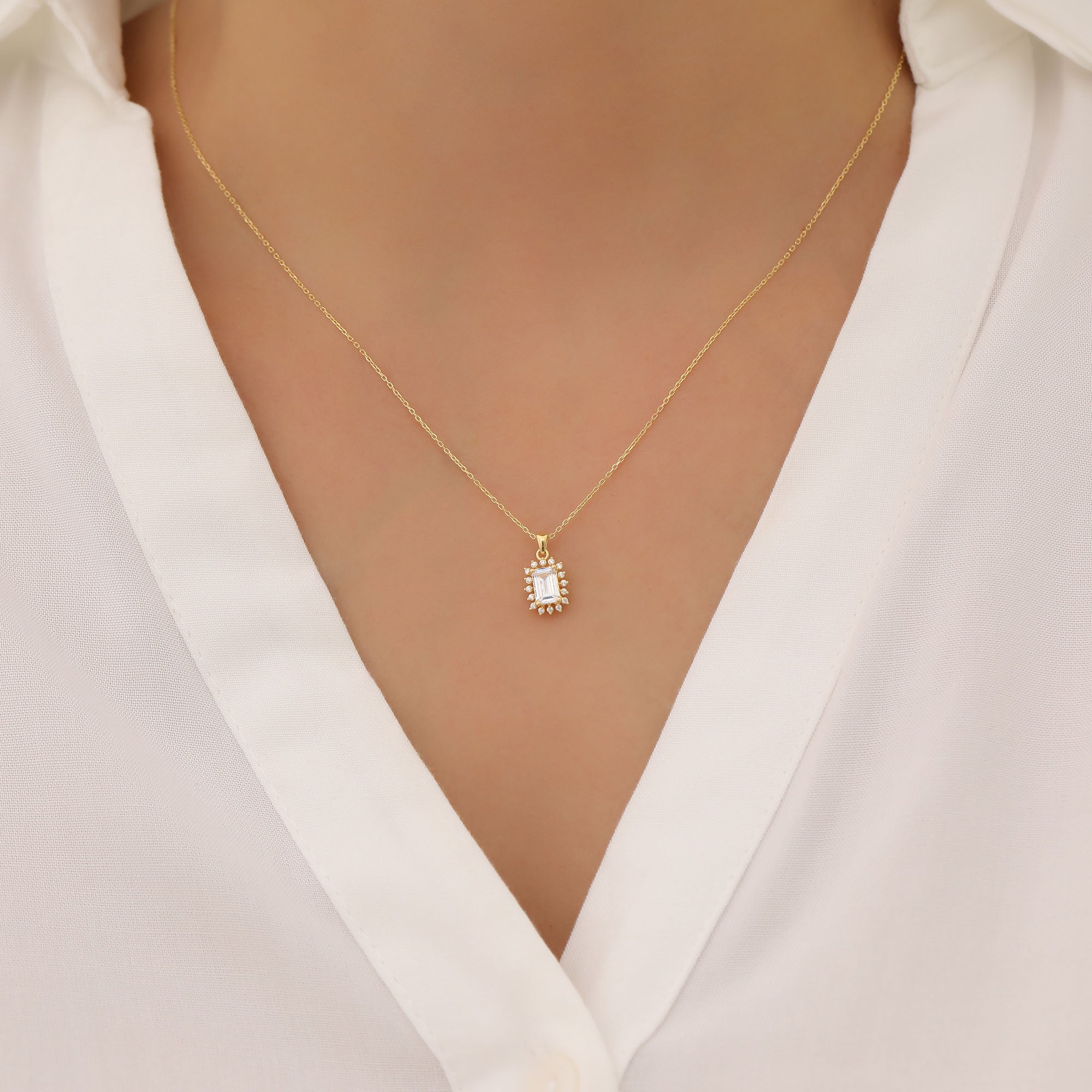 White Topaz Rectangle Necklace Surrounded by Real Diamonds in 14K Solid Gold, April Birthstone Jewelry Queen Jewelry Necklace