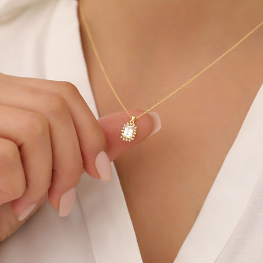 White Topaz Rectangle Necklace Surrounded by Real Diamonds in 14K Solid Gold, April Birthstone Jewelry Queen Jewelry Necklace