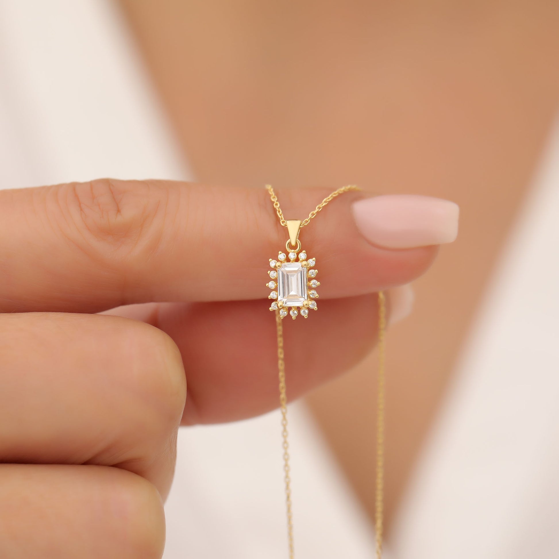 White Topaz Rectangle Necklace Surrounded by Real Diamonds in 14K Solid Gold, April Birthstone Jewelry Queen Jewelry Necklace