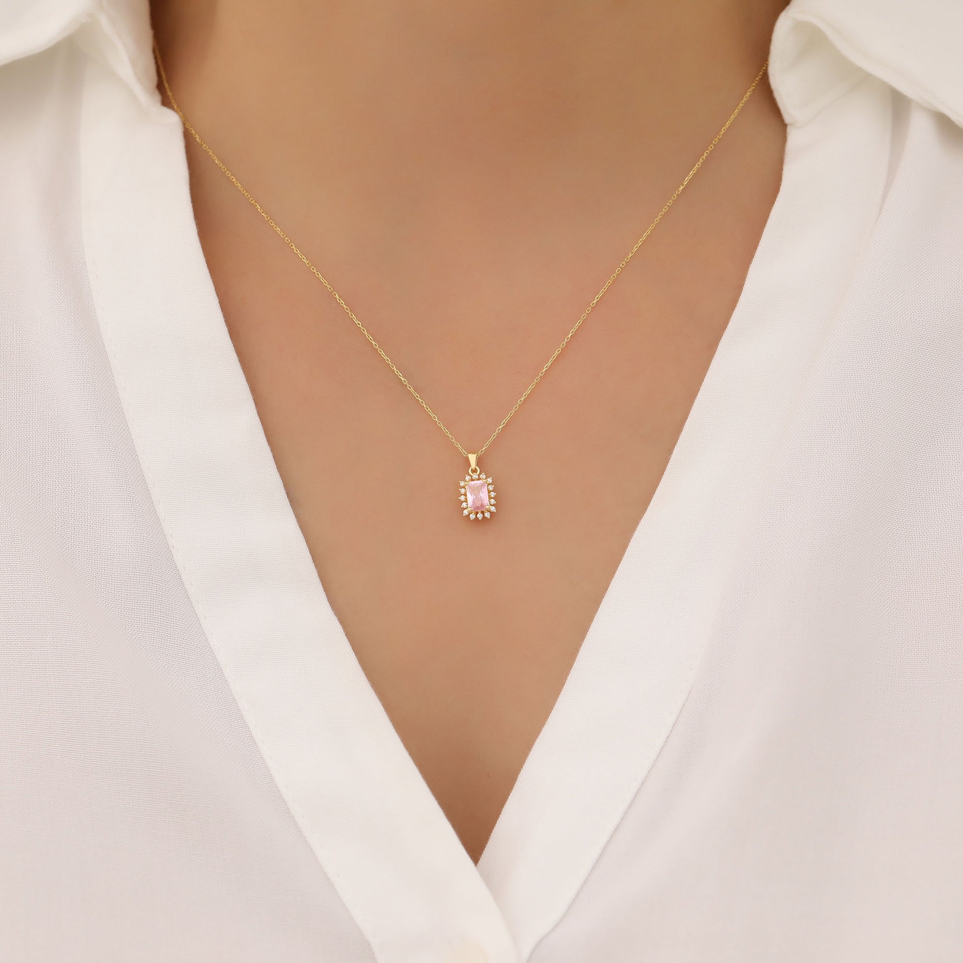 Pink Tourmaline Rectangle Necklace Surrounded by Real Diamonds in 14K Solid Gold, October Birthstone Jewelry Queen Jewelry Necklace