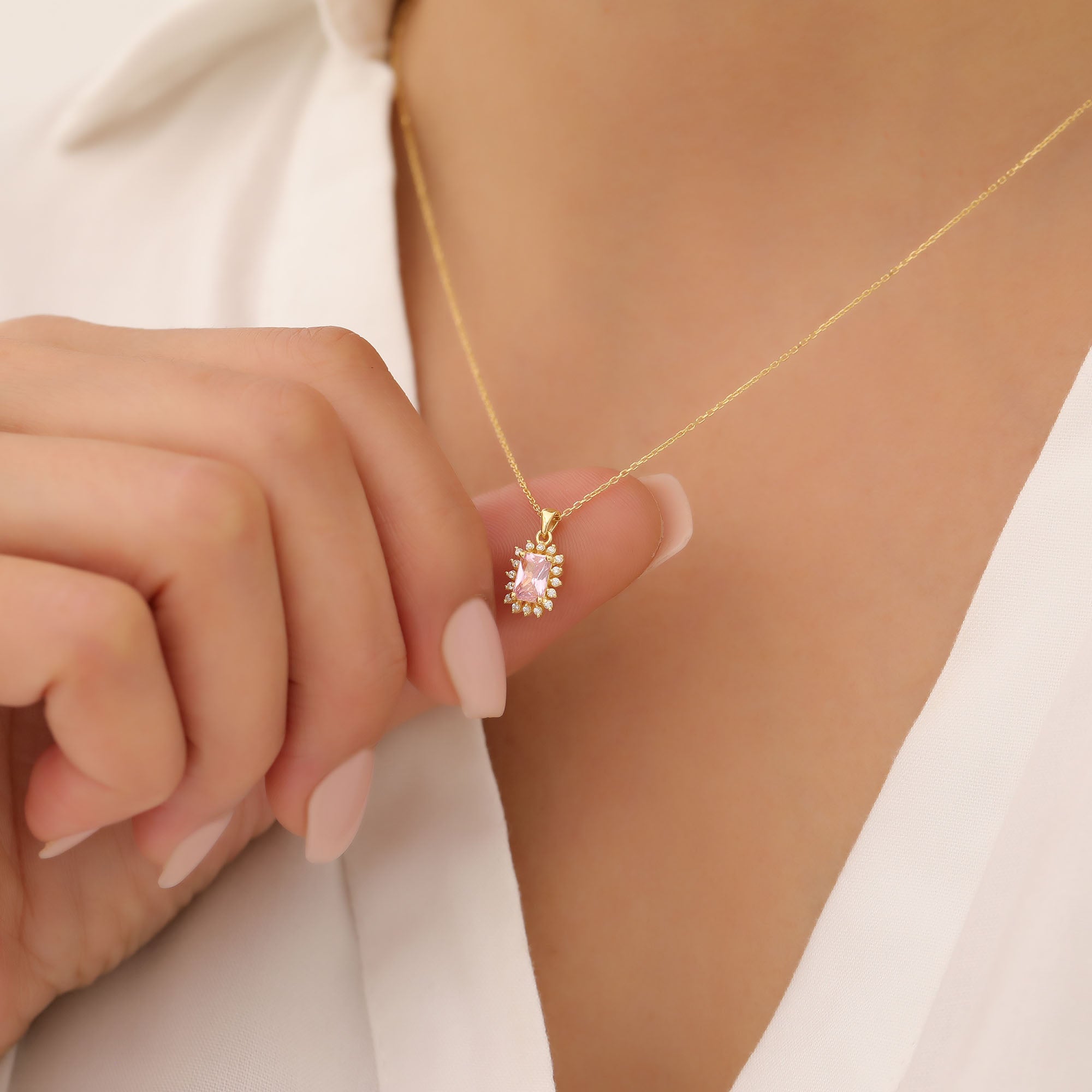 Pink Tourmaline Rectangle Necklace Surrounded by Real Diamonds in 14K Solid Gold, October Birthstone Jewelry Queen Jewelry Necklace