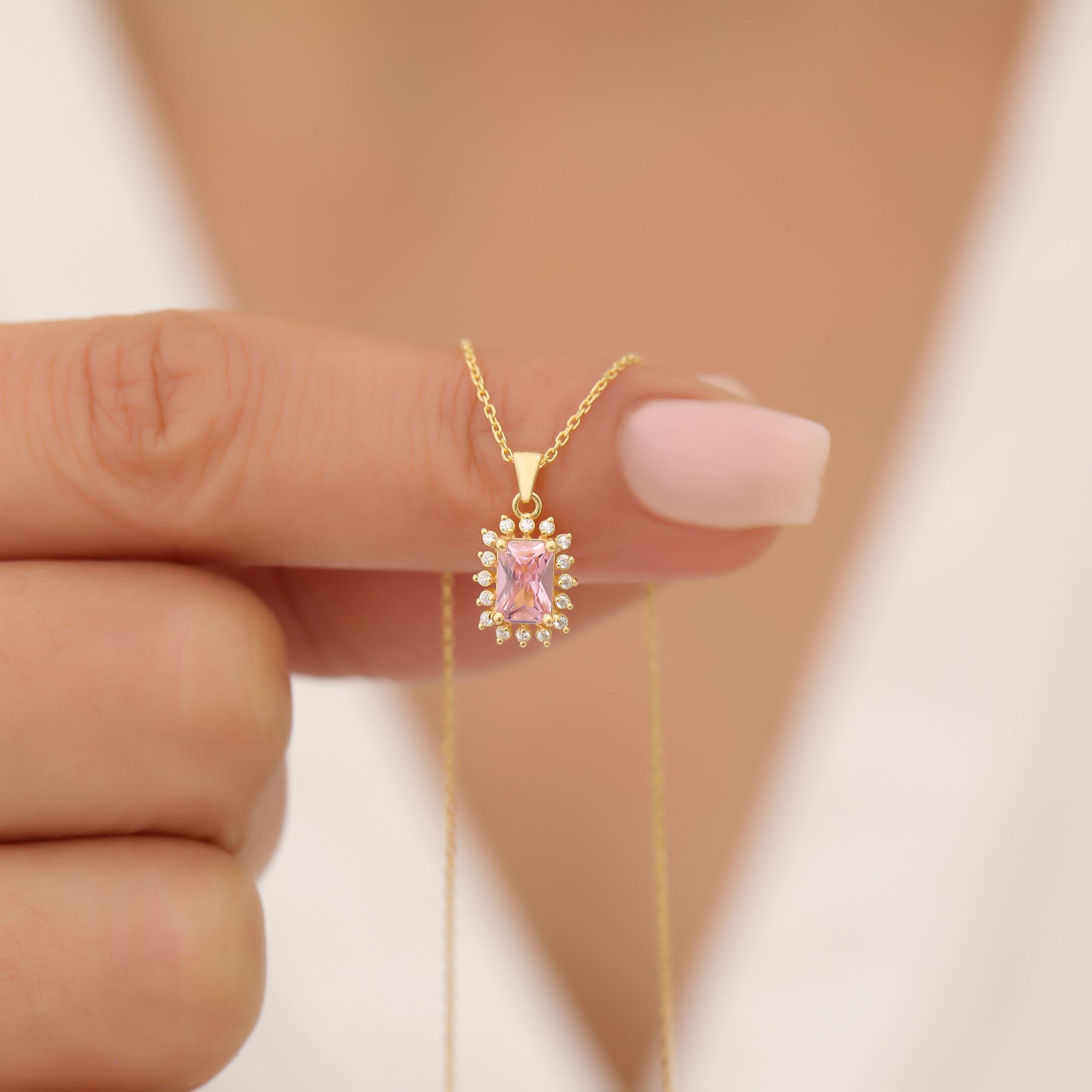 Pink Tourmaline Rectangle Necklace Surrounded by Real Diamonds in 14K Solid Gold, October Birthstone Jewelry Queen Jewelry Necklace