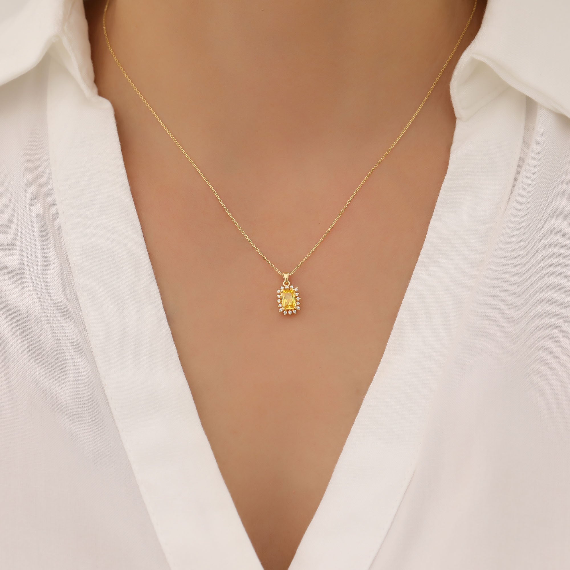 Yellow Topaz Rectangle Necklace Surrounded by Real Diamonds in 14K Solid Gold, Birthstone Jewelry Queen Jewelry Necklace