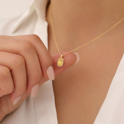 Yellow Topaz Rectangle Necklace Surrounded by Real Diamonds in 14K Solid Gold, Birthstone Jewelry Queen Jewelry Necklace
