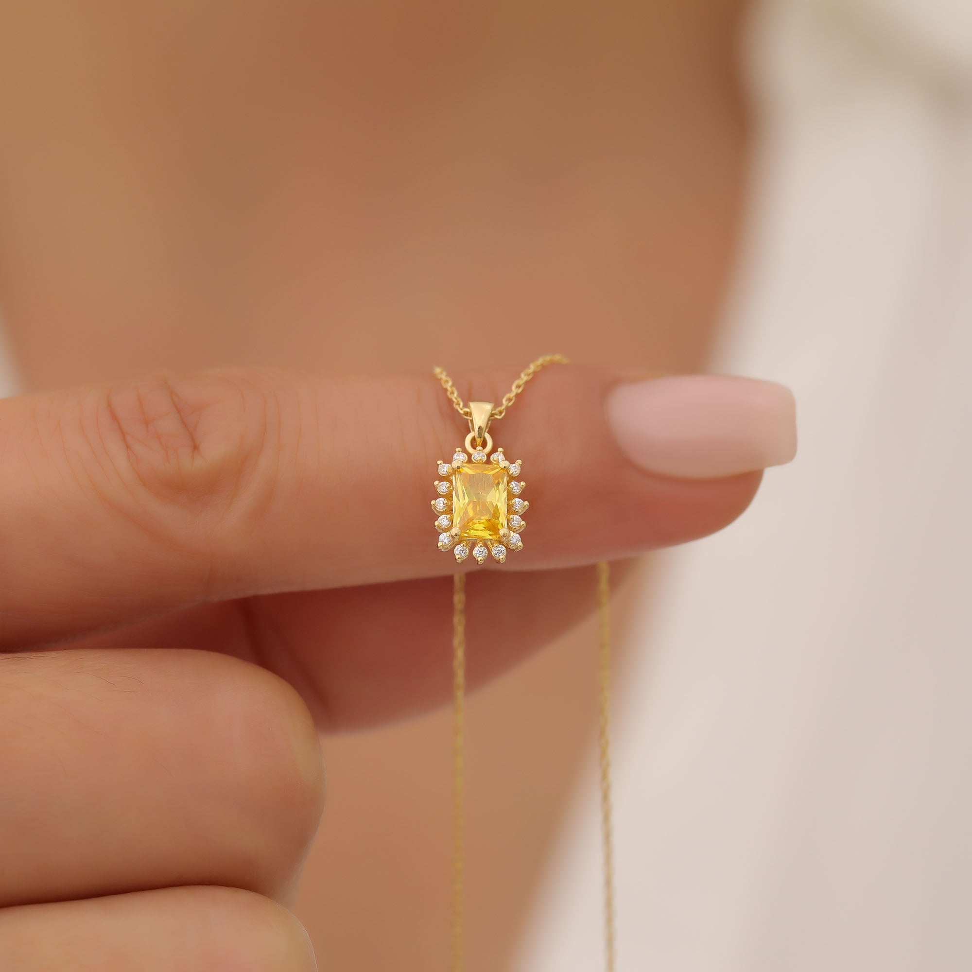 Yellow Topaz Rectangle Necklace Surrounded by Real Diamonds in 14K Solid Gold, Birthstone Jewelry Queen Jewelry Necklace
