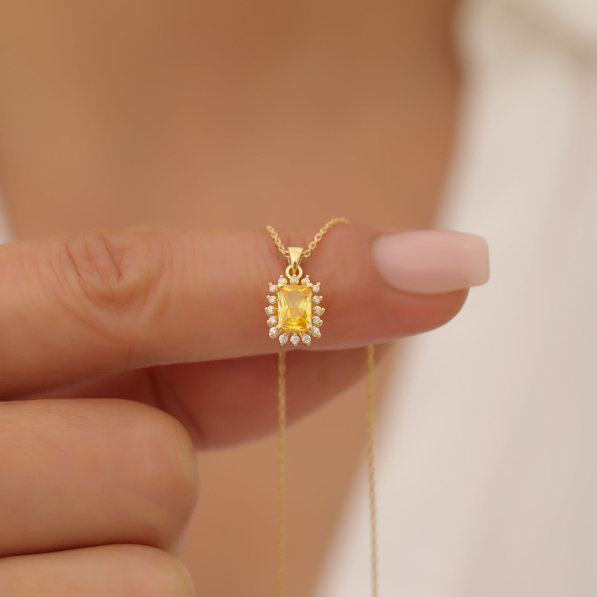 Yellow Topaz Rectangle Necklace Surrounded by Real Diamonds in 14K Solid Gold, Birthstone Jewelry Queen Jewelry Necklace