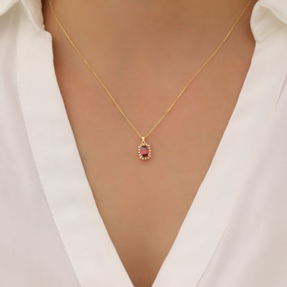 Garnet Rectangle Necklace Surrounded by Real Diamonds in 14K Solid Gold, January Birthstone Jewelry Queen Jewelry Necklace