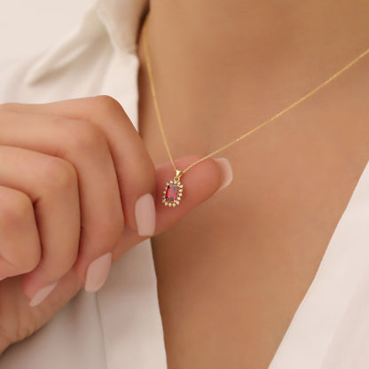 Garnet Rectangle Necklace Surrounded by Real Diamonds in 14K Solid Gold, January Birthstone Jewelry Queen Jewelry Necklace