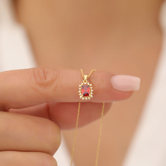 Garnet Rectangle Necklace Surrounded by Real Diamonds in 14K Solid Gold, January Birthstone Jewelry Queen Jewelry Necklace