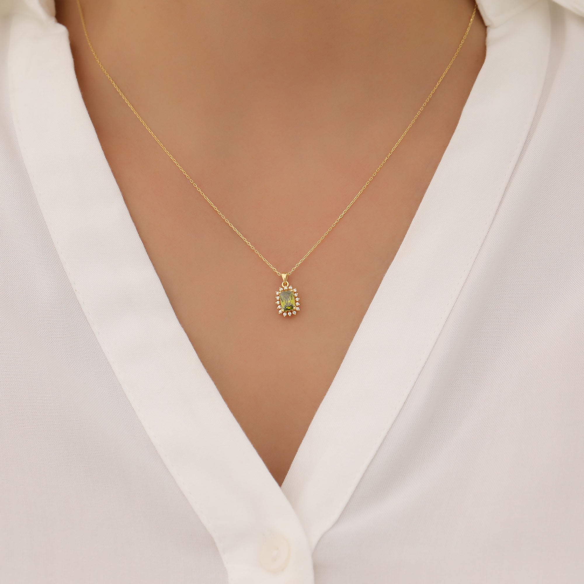 Peridot Rectangle Necklace Surrounded by Real Diamonds in 14K Solid Gold, August Birthstone Jewelry Queen Jewelry Necklace