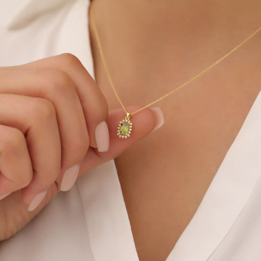 Peridot Rectangle Necklace Surrounded by Real Diamonds in 14K Solid Gold, August Birthstone Jewelry Queen Jewelry Necklace