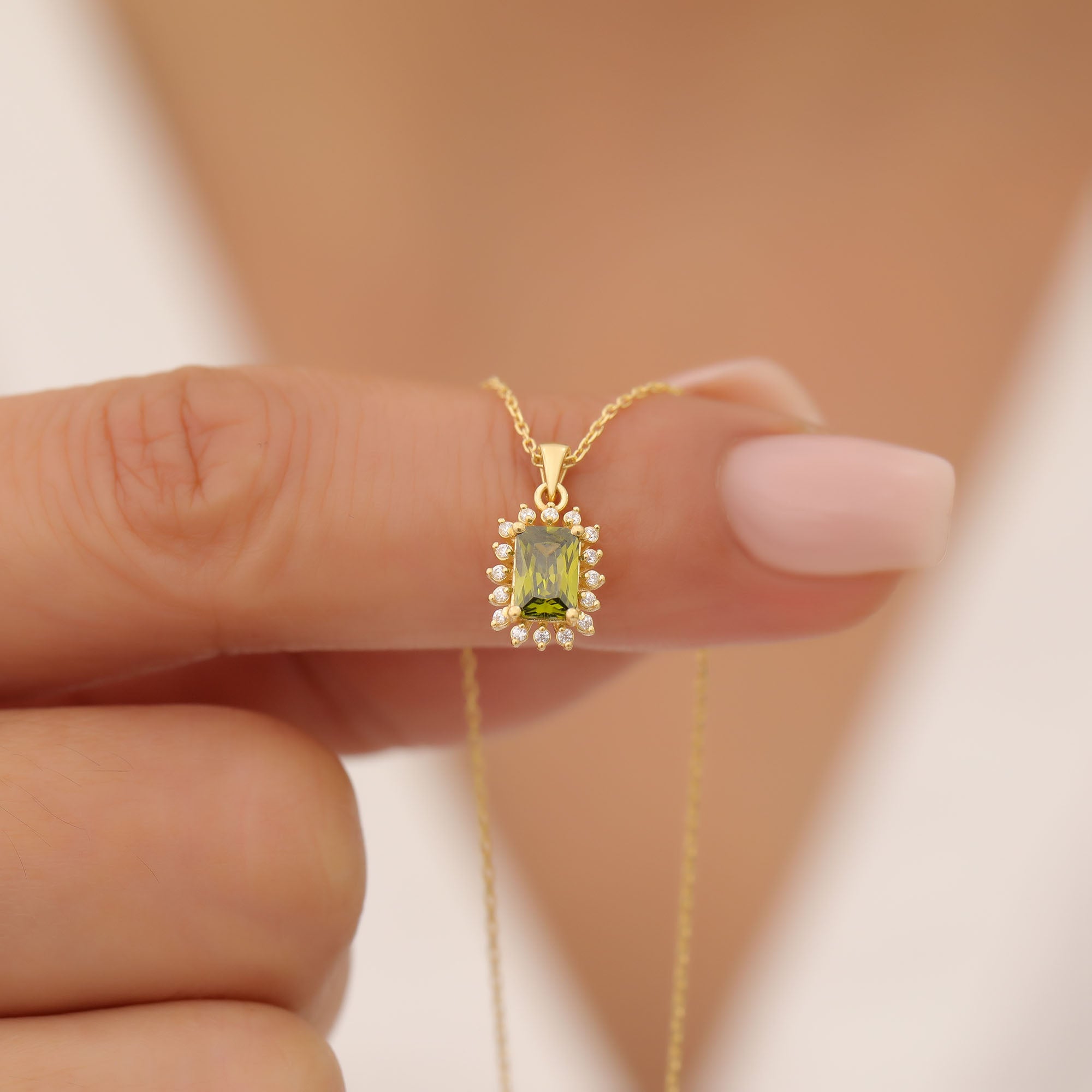 Peridot Rectangle Necklace Surrounded by Real Diamonds in 14K Solid Gold, August Birthstone Jewelry Queen Jewelry Necklace