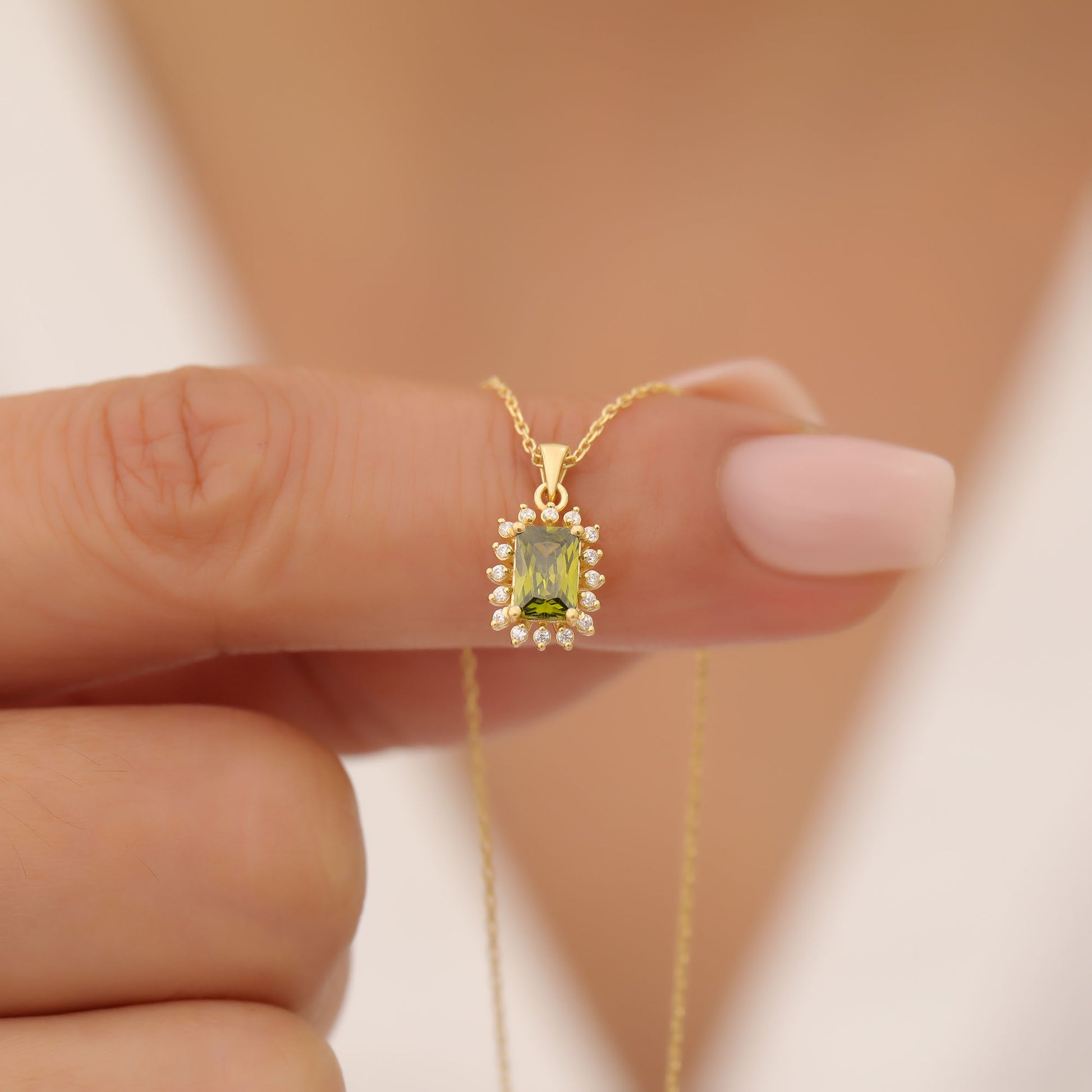 Peridot Rectangle Necklace Surrounded by Real Diamonds in 14K Solid Gold, August Birthstone Jewelry Queen Jewelry Necklace