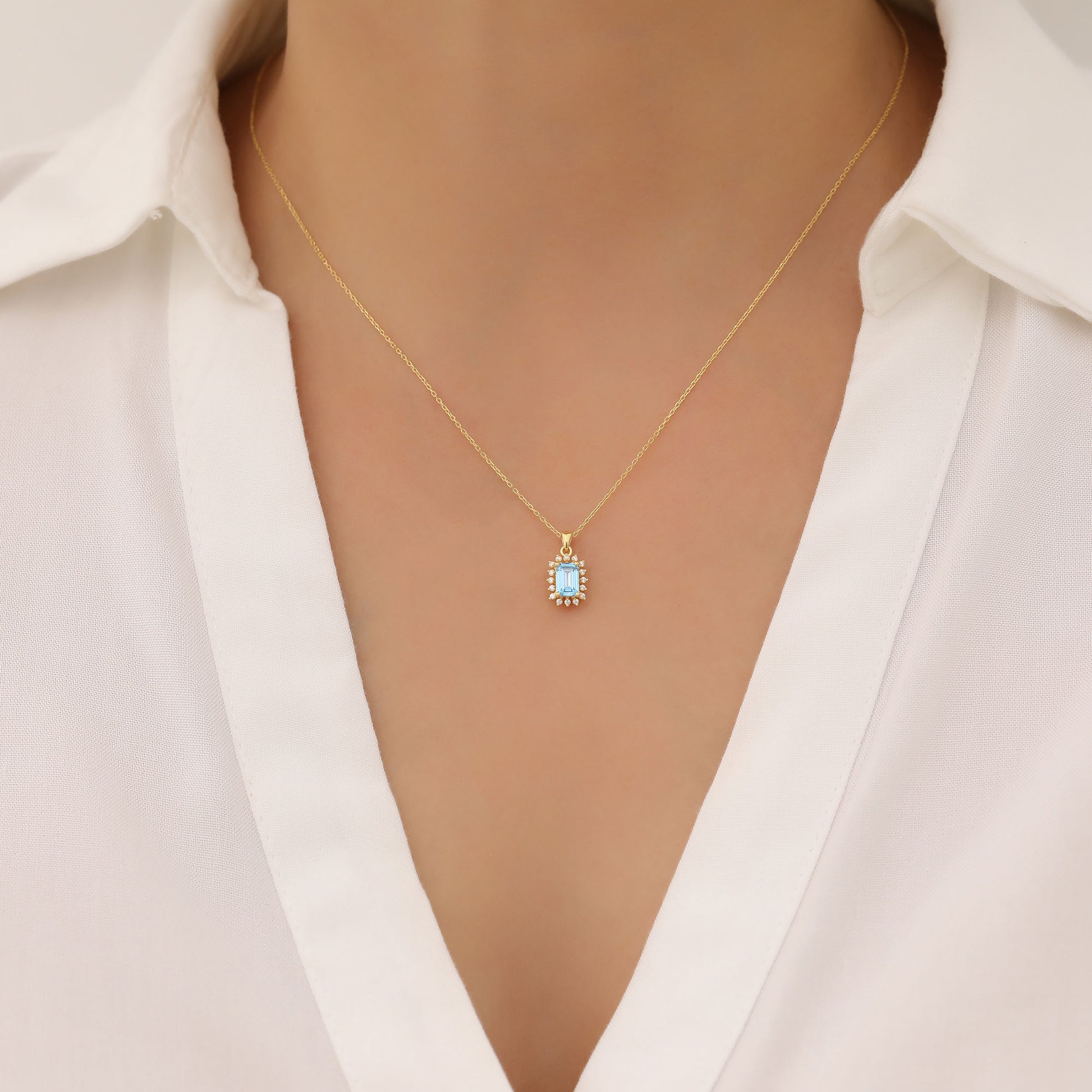 Blue Topaz Rectangle Necklace Surrounded by Real Diamonds in 14K Solid Gold, December Birthstone Jewelry Queen Jewelry Necklace