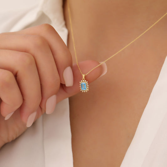 Blue Topaz Rectangle Necklace Surrounded by Real Diamonds in 14K Solid Gold, December Birthstone Jewelry Queen Jewelry Necklace