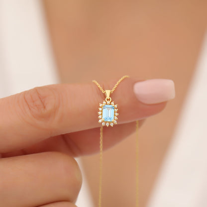 Blue Topaz Rectangle Necklace Surrounded by Real Diamonds in 14K Solid Gold, December Birthstone Jewelry Queen Jewelry Necklace
