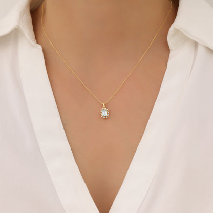 Aquamarine Rectangle Necklace Surrounded by Real Diamonds in 14K Solid Gold, March Birthstone Jewelry Queen Jewelry Necklace