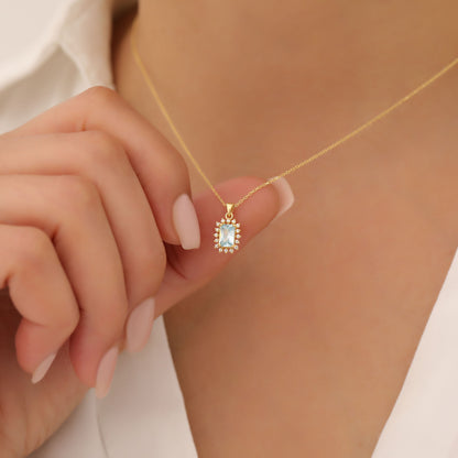 Aquamarine Rectangle Necklace Surrounded by Real Diamonds in 14K Solid Gold, March Birthstone Jewelry Queen Jewelry Necklace