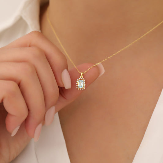 Aquamarine Rectangle Necklace Surrounded by Real Diamonds in 14K Solid Gold, March Birthstone Jewelry Queen Jewelry Necklace