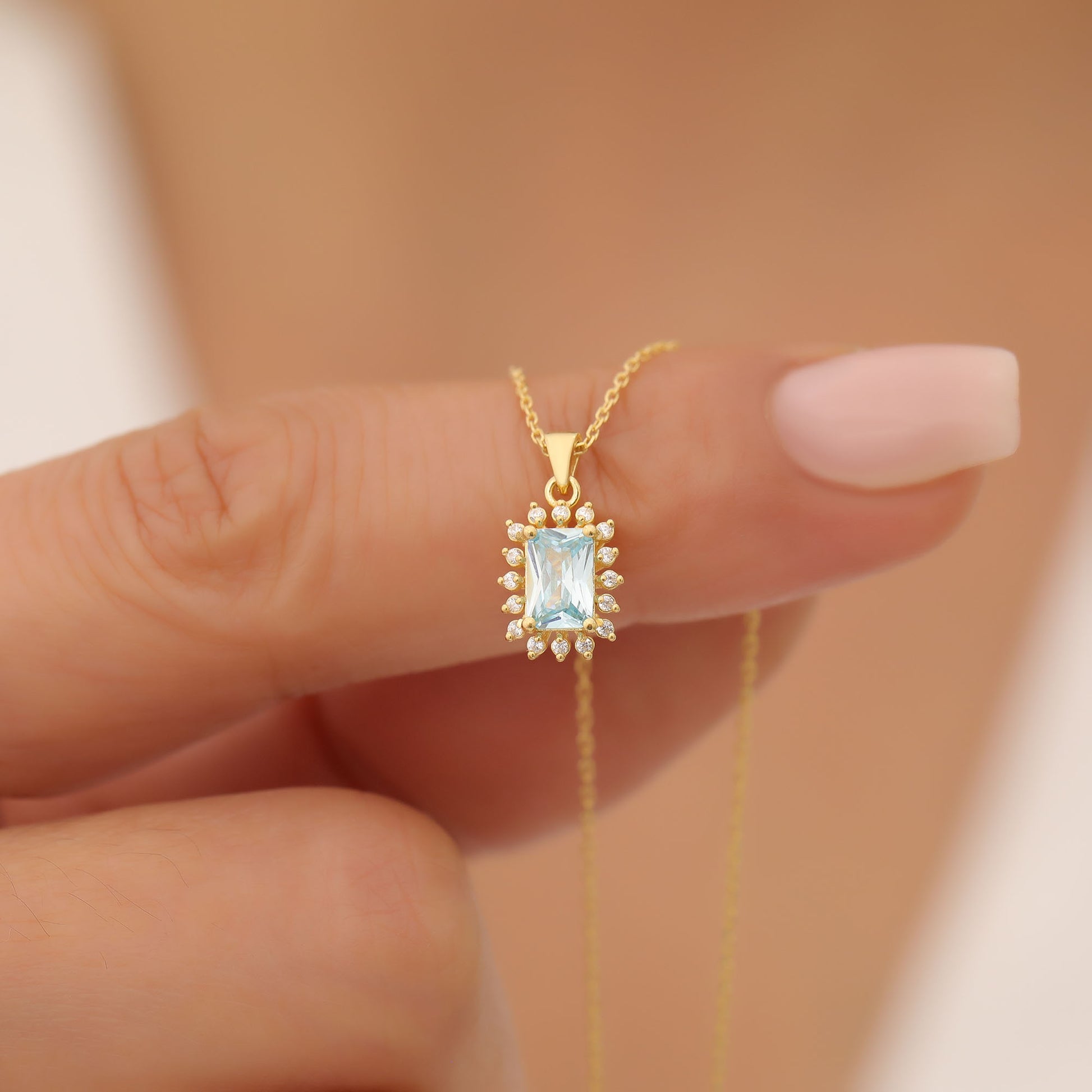 Aquamarine Rectangle Necklace Surrounded by Real Diamonds in 14K Solid Gold, March Birthstone Jewelry Queen Jewelry Necklace