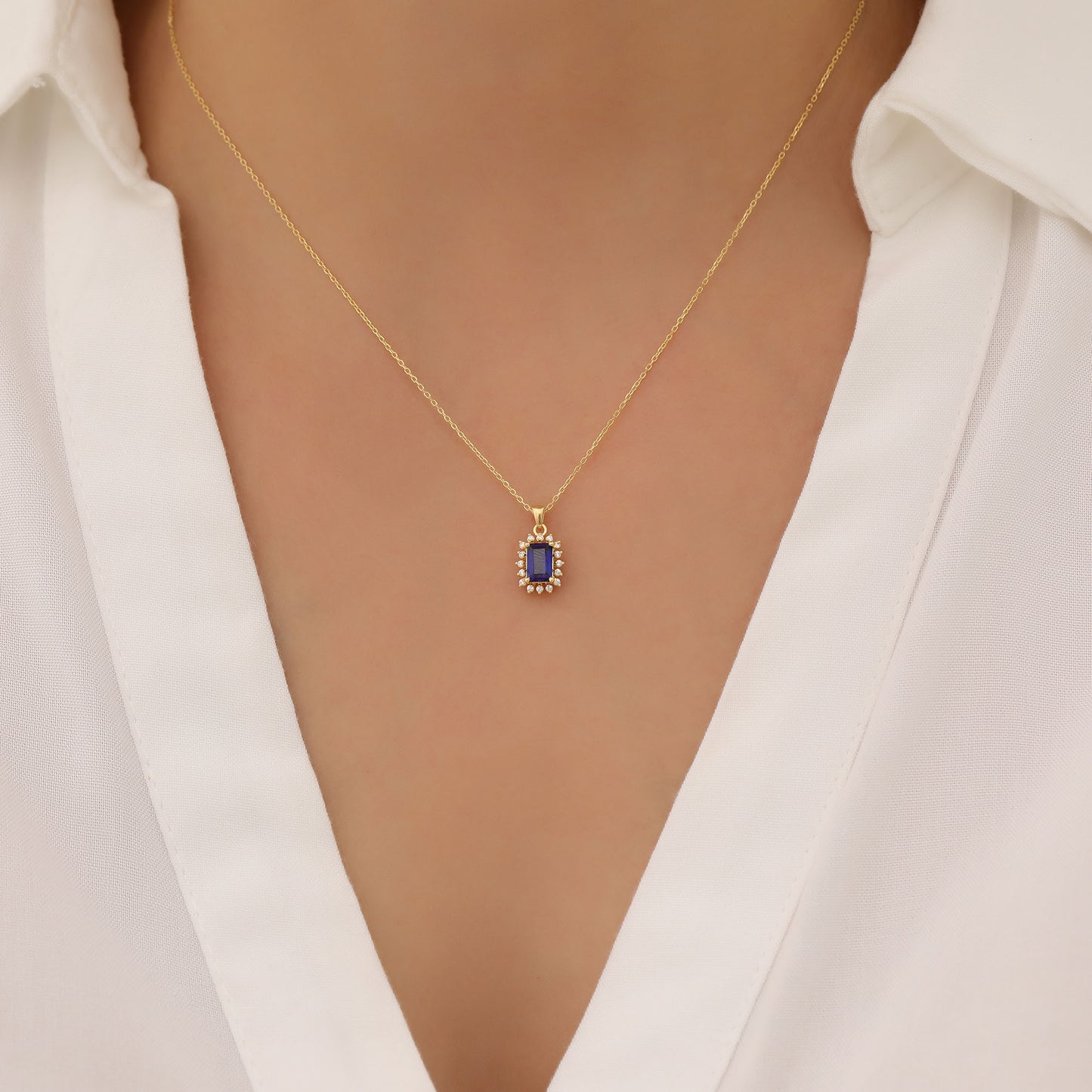Sapphire Rectangle Necklace Surrounded by Real Diamonds in 14K Solid Gold, September Birthstone Jewelry Queen Jewelry Necklace