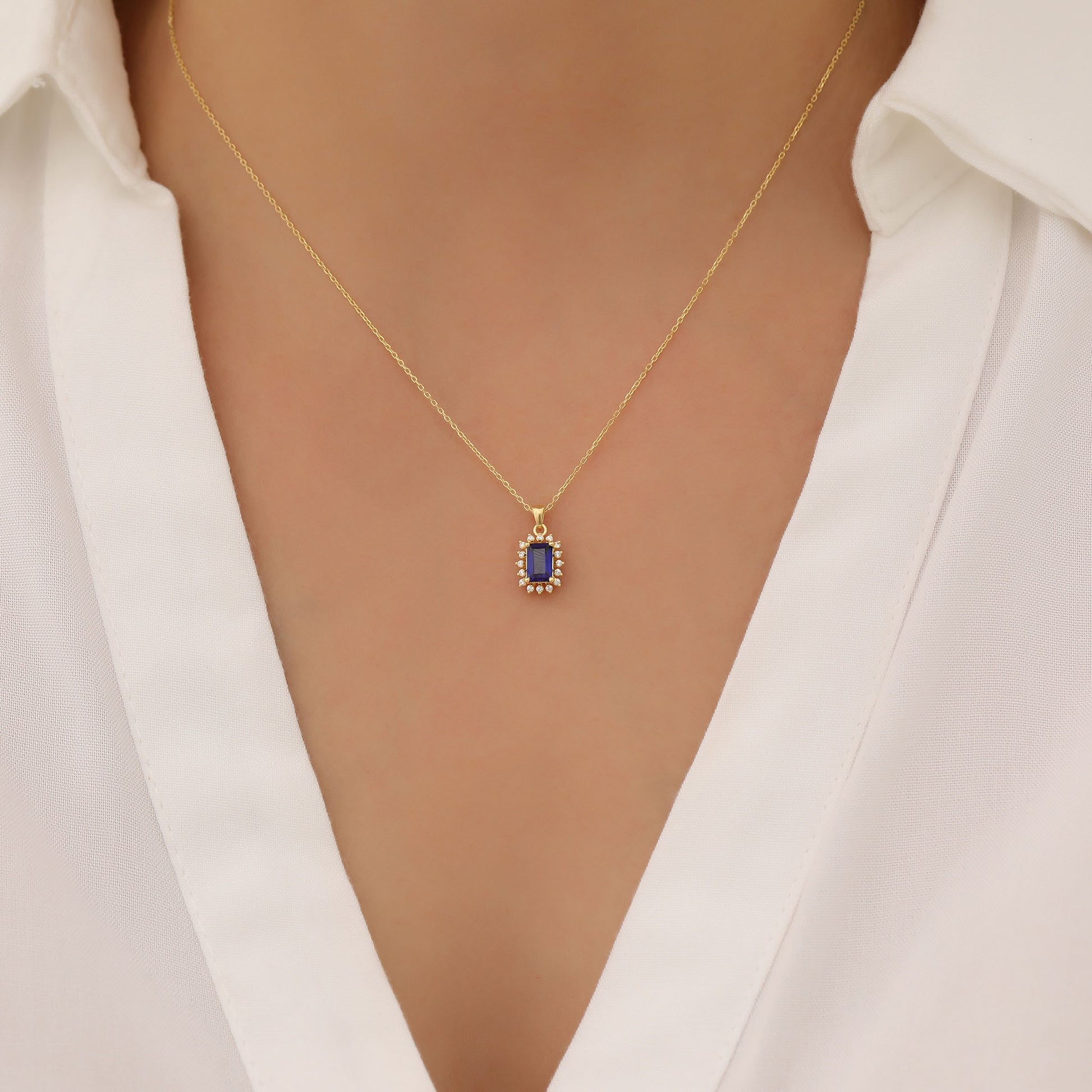 Sapphire Rectangle Necklace Surrounded by Real Diamonds in 14K Solid Gold, September Birthstone Jewelry Queen Jewelry Necklace