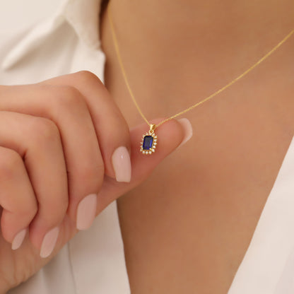 Sapphire Rectangle Necklace Surrounded by Real Diamonds in 14K Solid Gold, September Birthstone Jewelry Queen Jewelry Necklace