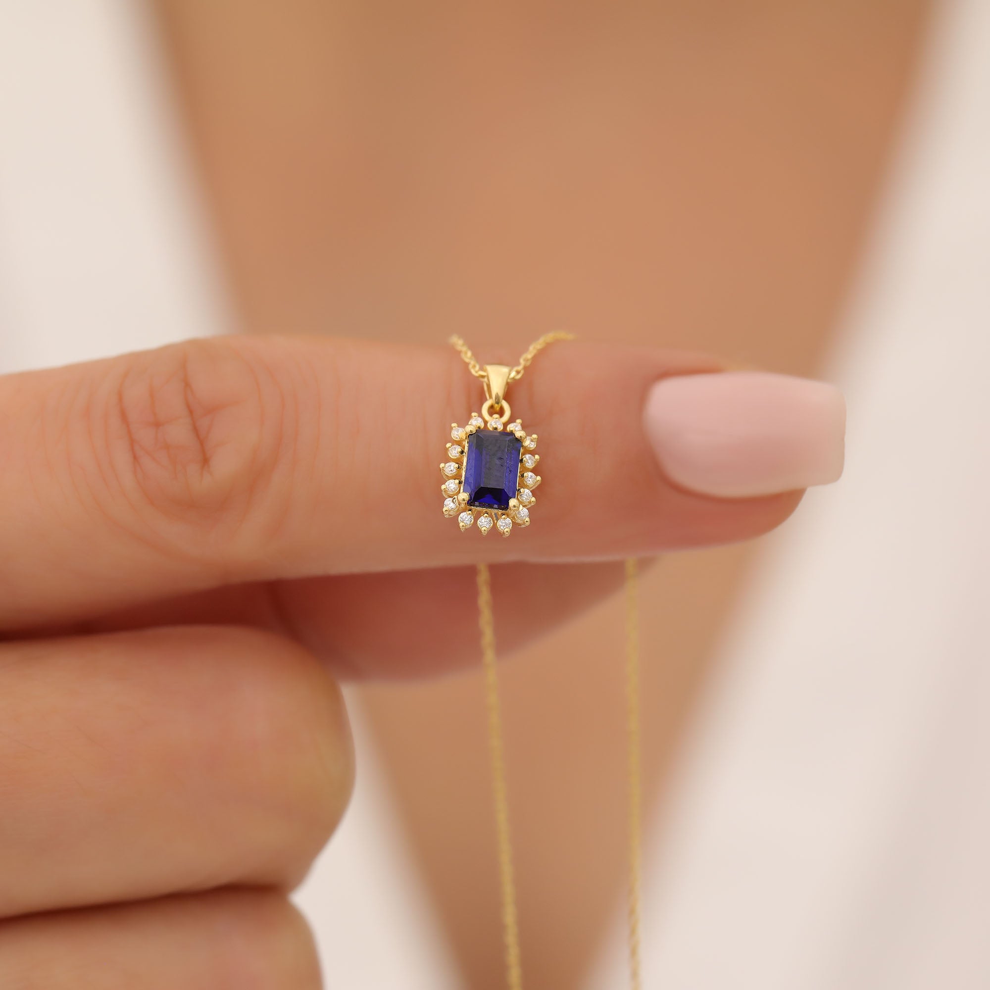 Sapphire Rectangle Necklace Surrounded by Real Diamonds in 14K Solid Gold, September Birthstone Jewelry Queen Jewelry Necklace