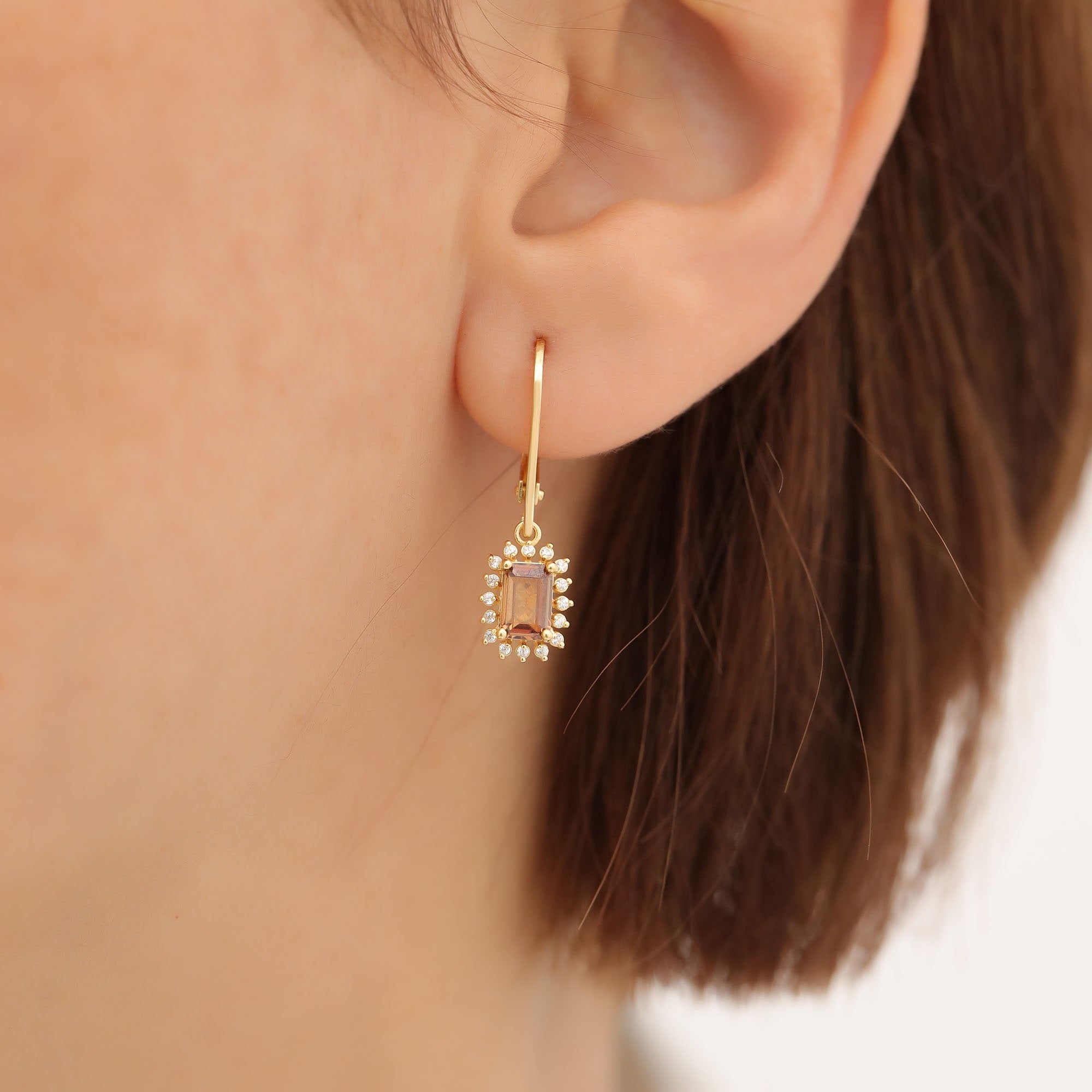Smoky Quartz Rectangle Halo Dangling Earrings surrounded by Real Diamonds in 14K Solid Gold, Birthstone Jewelry Queen Jewelry Earrings