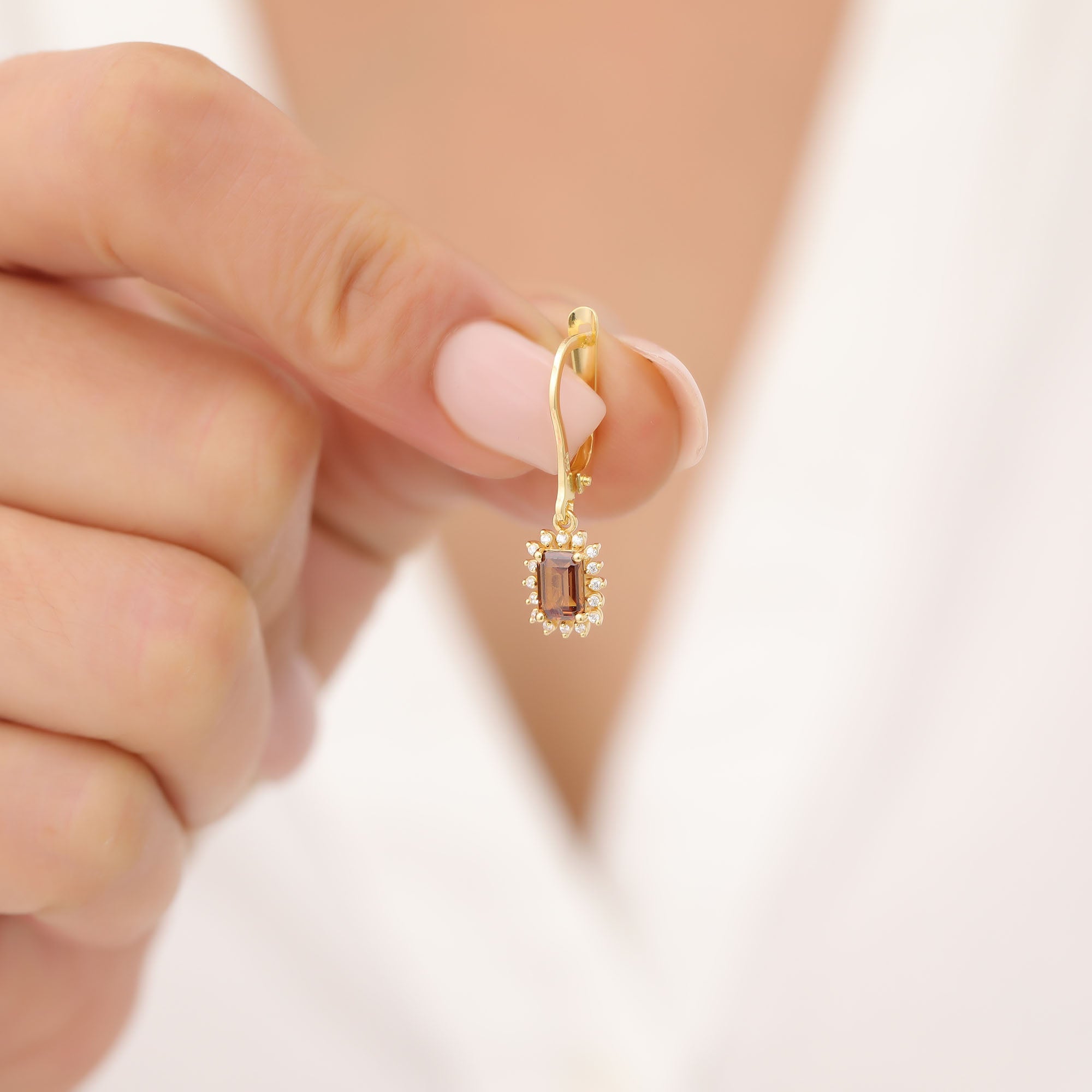 Smoky Quartz Rectangle Halo Dangling Earrings surrounded by Real Diamonds in 14K Solid Gold, Birthstone Jewelry Queen Jewelry Earrings