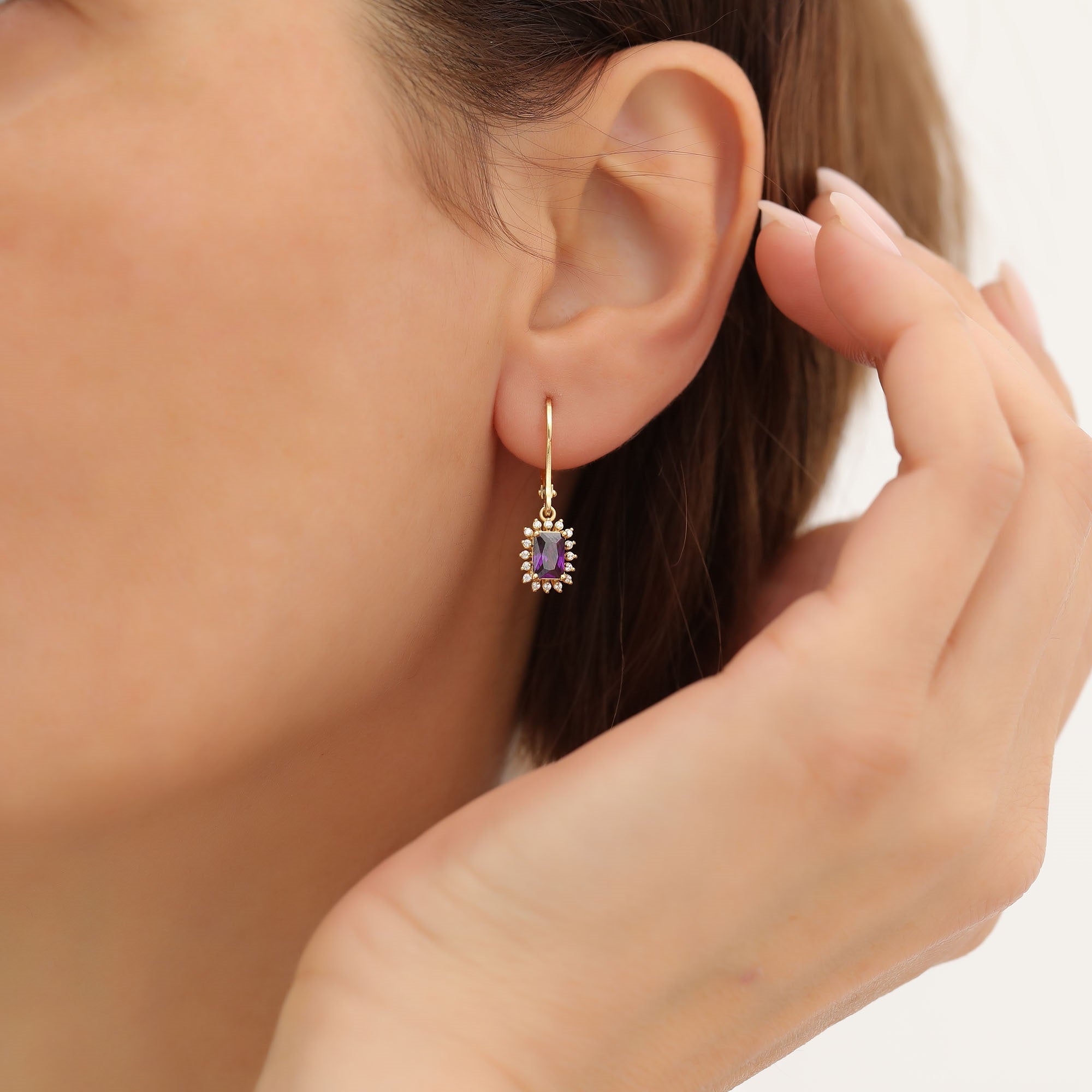 Amethyst Rectangle Halo Dangling Earrings surrounded by Real Diamonds in 14K Solid Gold, February Birthstone Jewelry Queen Jewelry Earrings