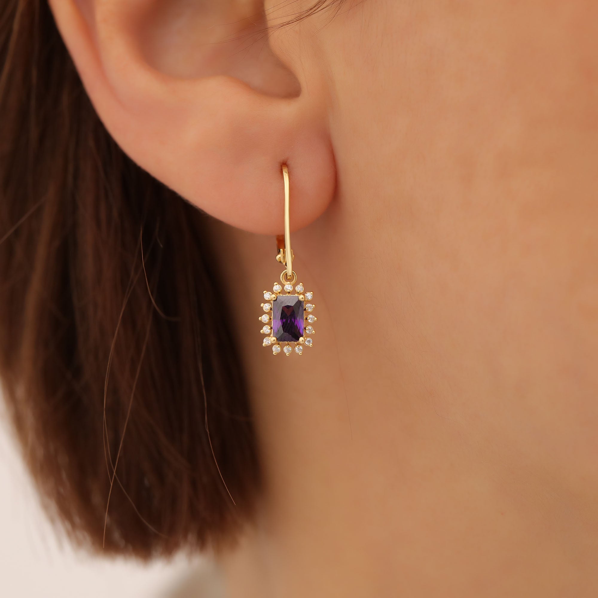Amethyst Rectangle Halo Dangling Earrings surrounded by Real Diamonds in 14K Solid Gold, February Birthstone Jewelry Queen Jewelry Earrings