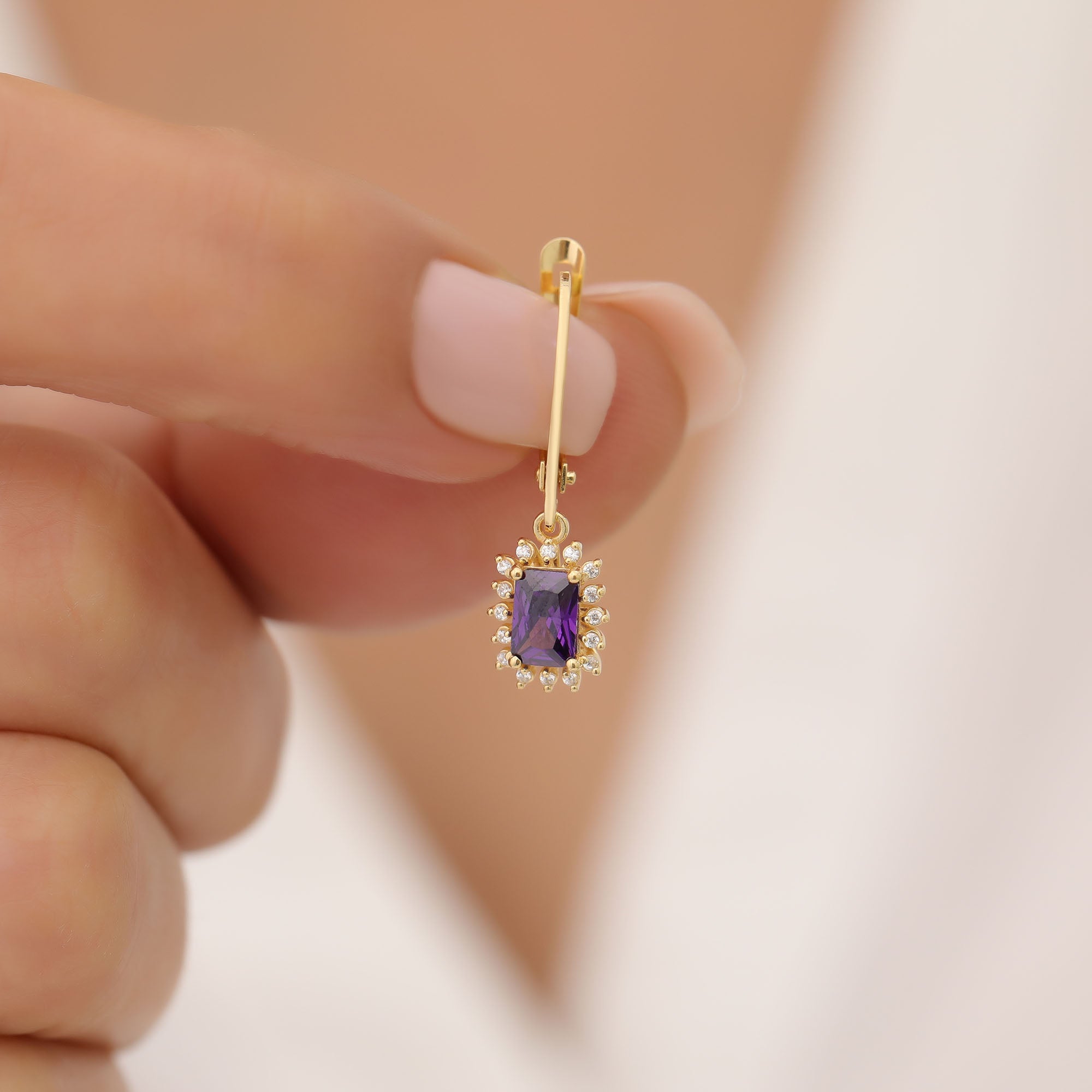 Amethyst Rectangle Halo Dangling Earrings surrounded by Real Diamonds in 14K Solid Gold, February Birthstone Jewelry Queen Jewelry Earrings
