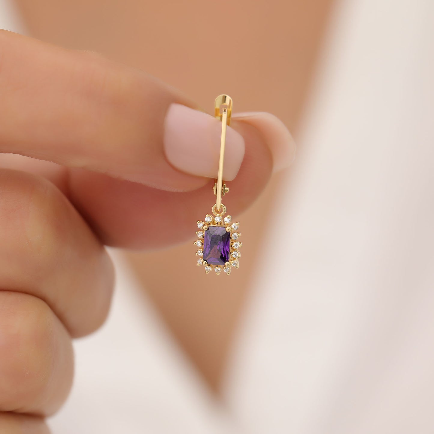 Amethyst Rectangle Halo Dangling Earrings surrounded by Real Diamonds in 14K Solid Gold, February Birthstone Jewelry Queen Jewelry Earrings
