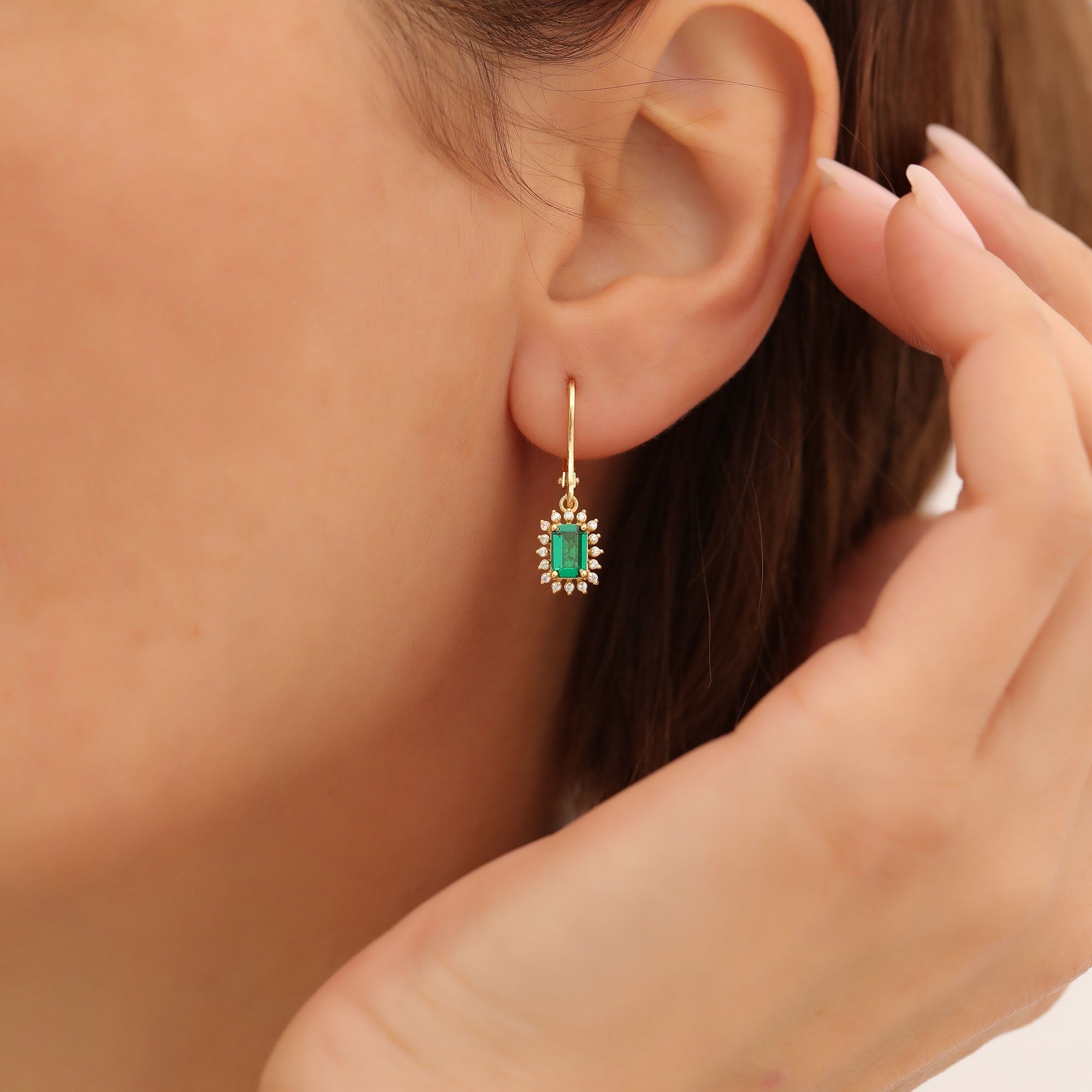 Emerald Rectangle Halo Dangling Earrings surrounded by Real Diamonds in 14K Solid Gold, May Birthstone Jewelry Queen Jewelry Earrings