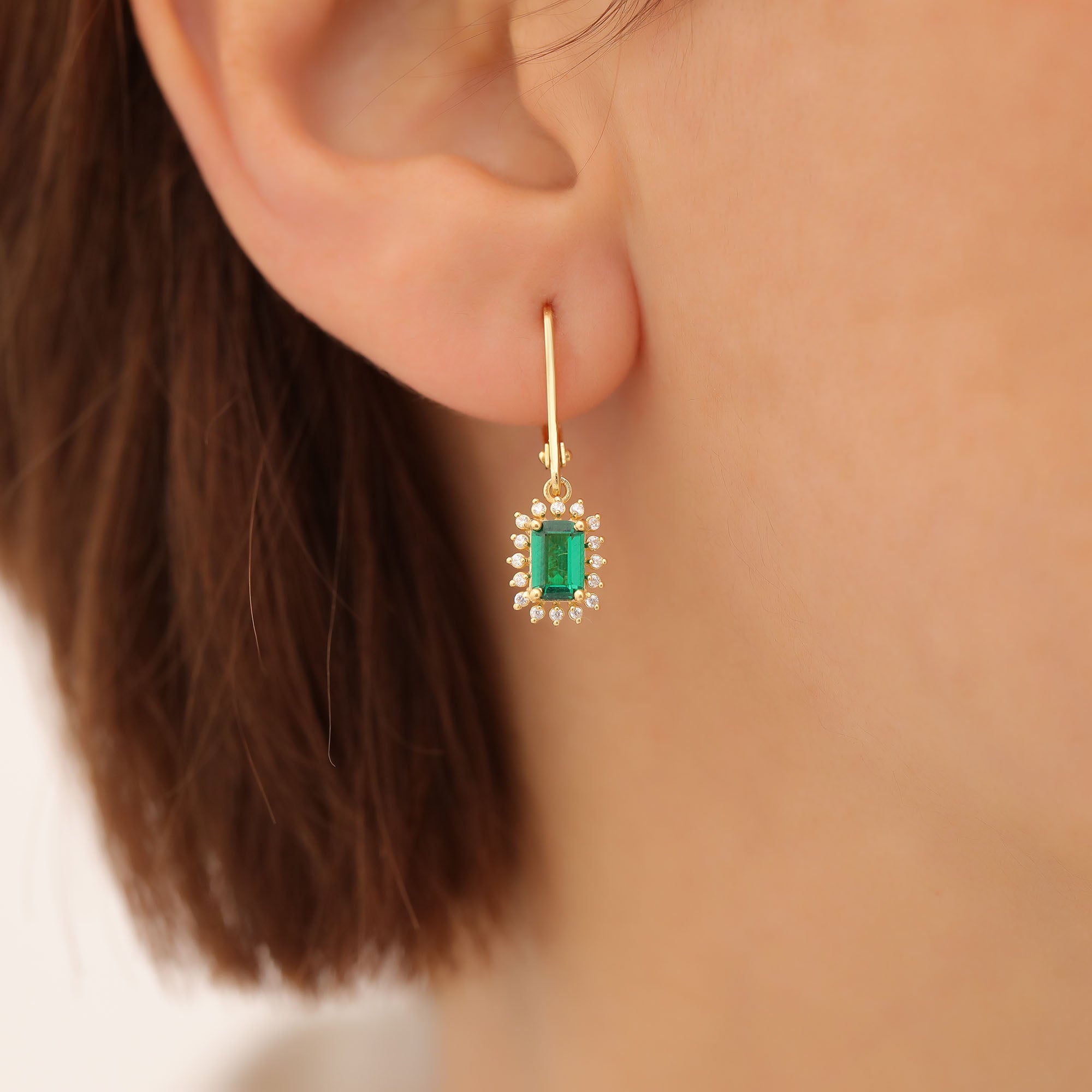 Emerald Rectangle Halo Dangling Earrings surrounded by Real Diamonds in 14K Solid Gold, May Birthstone Jewelry Queen Jewelry Earrings