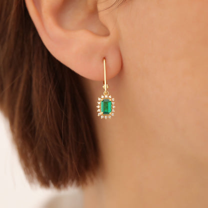 Emerald Rectangle Halo Dangling Earrings surrounded by Real Diamonds in 14K Solid Gold, May Birthstone Jewelry Queen Jewelry Earrings