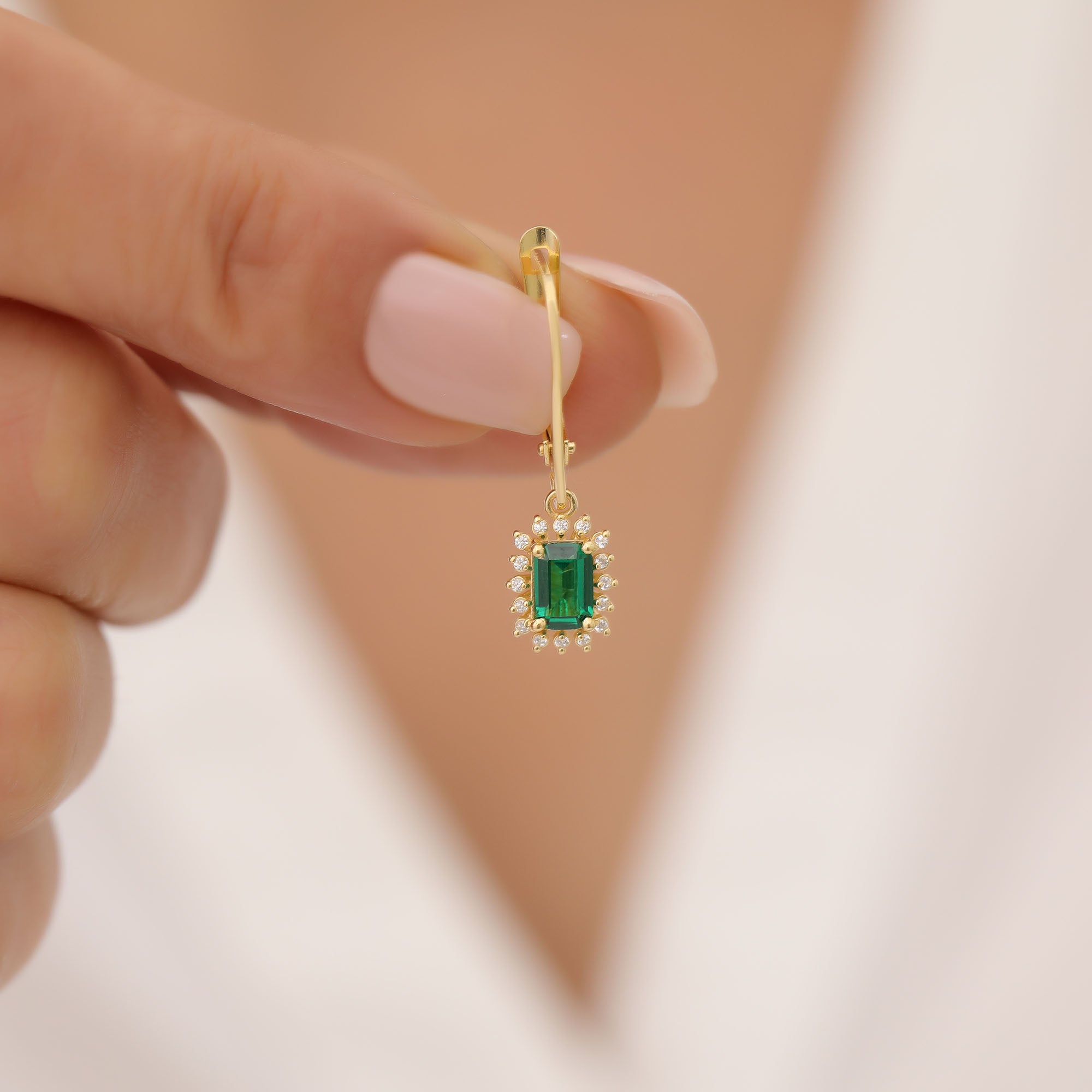 Emerald Rectangle Halo Dangling Earrings surrounded by Real Diamonds in 14K Solid Gold, May Birthstone Jewelry Queen Jewelry Earrings