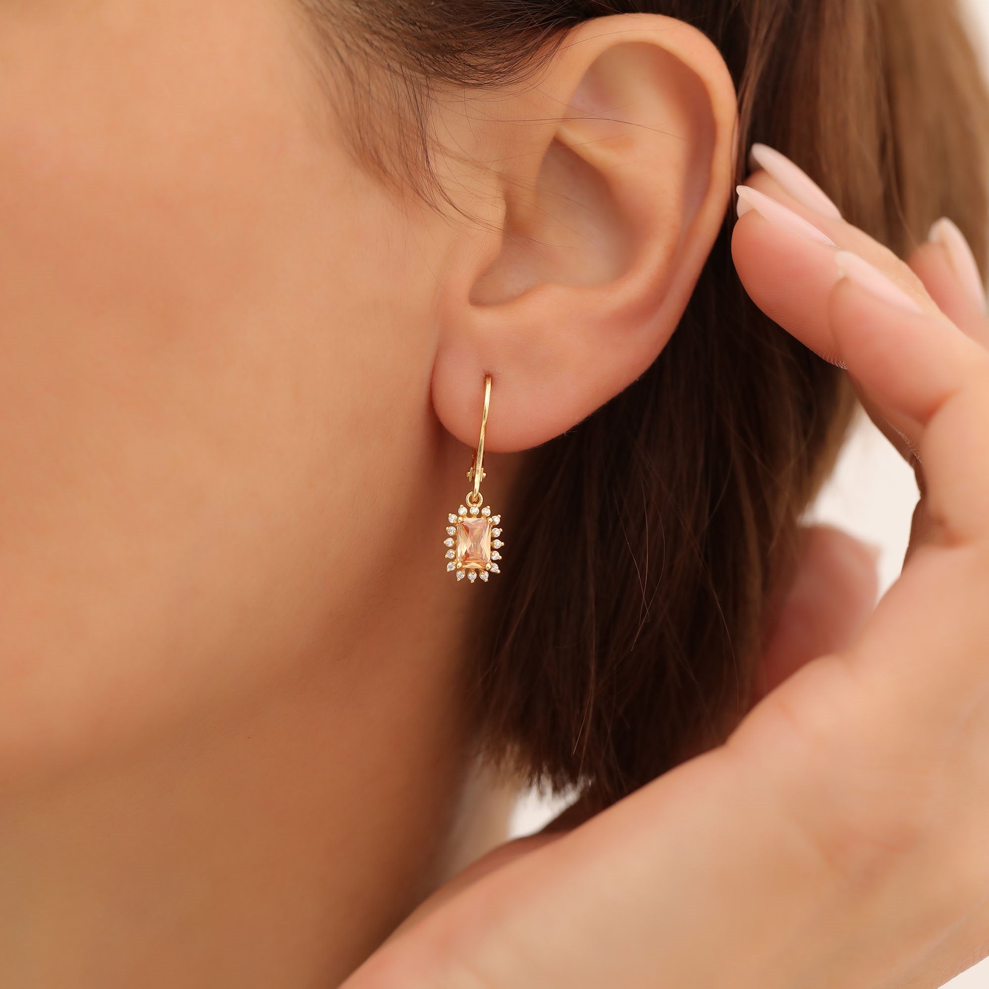 Citrine Rectangle Halo Dangling Earrings surrounded by Real Diamonds in 14K Solid Gold, November Birthstone Jewelry Queen Jewelry Earrings