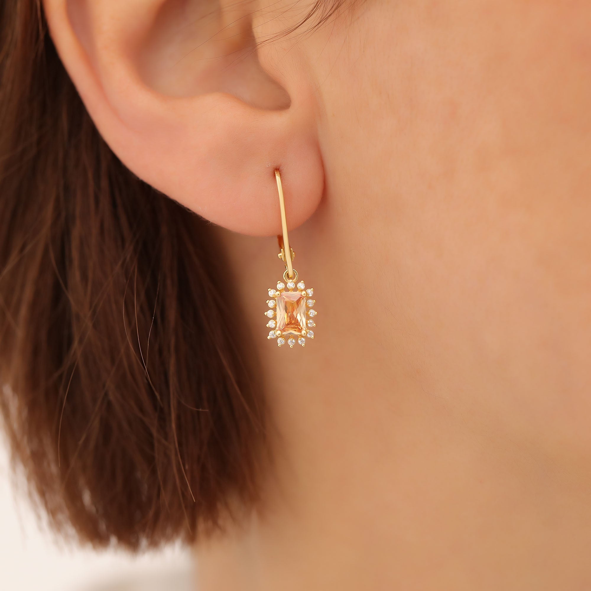 Citrine Rectangle Halo Dangling Earrings surrounded by Real Diamonds in 14K Solid Gold, November Birthstone Jewelry Queen Jewelry Earrings