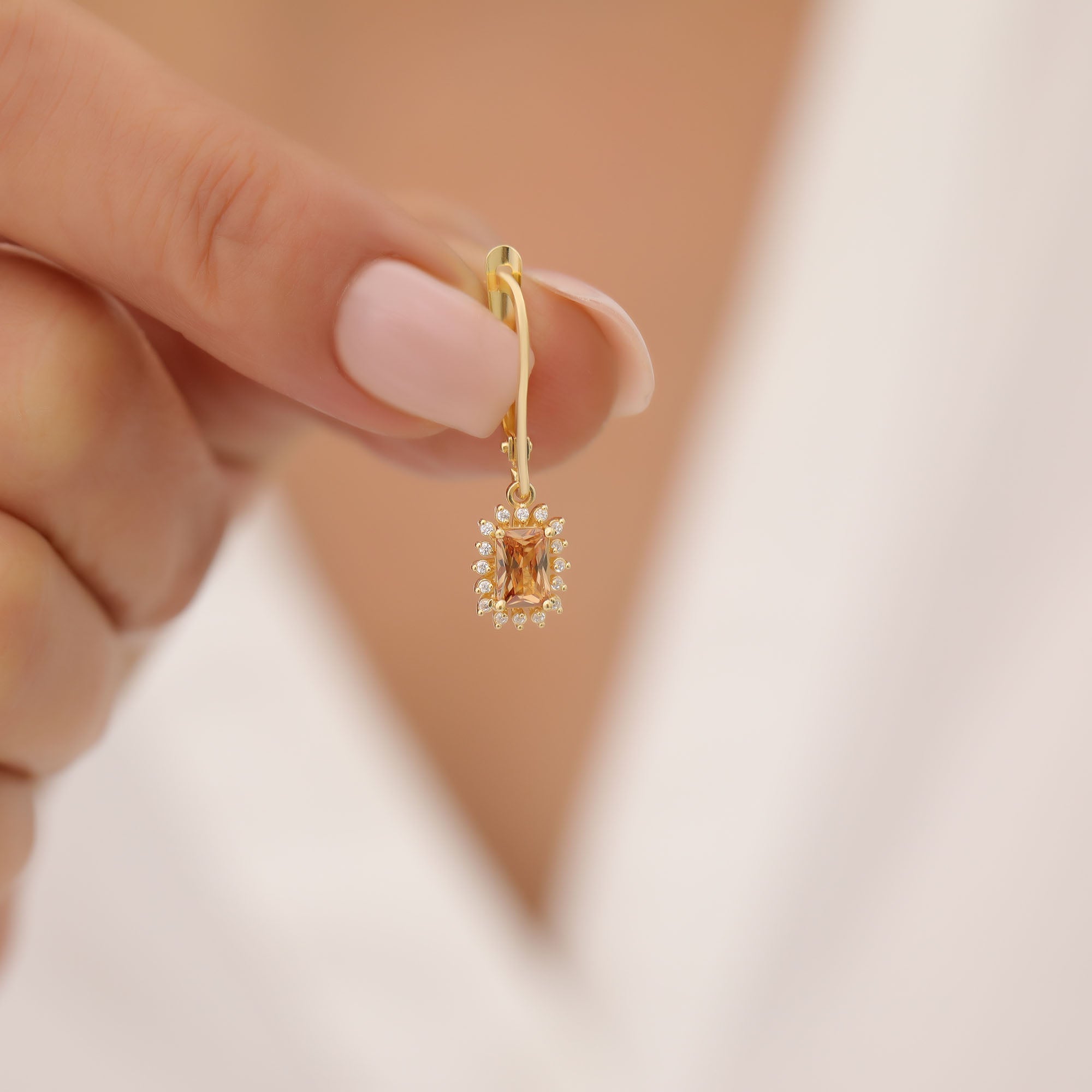Citrine Rectangle Halo Dangling Earrings surrounded by Real Diamonds in 14K Solid Gold, November Birthstone Jewelry Queen Jewelry Earrings