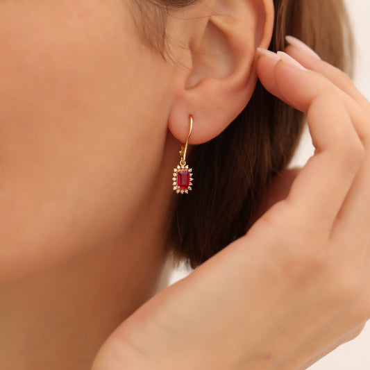 Ruby Rectangle Halo Dangling Earrings surrounded by Real Diamonds in 14K Solid Gold, July Birthstone Jewelry Queen Jewelry Earrings