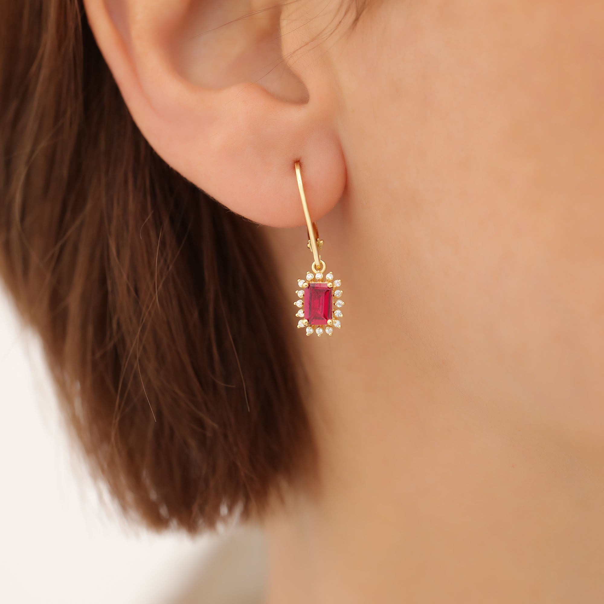 Ruby Rectangle Halo Dangling Earrings surrounded by Real Diamonds in 14K Solid Gold, July Birthstone Jewelry Queen Jewelry Earrings