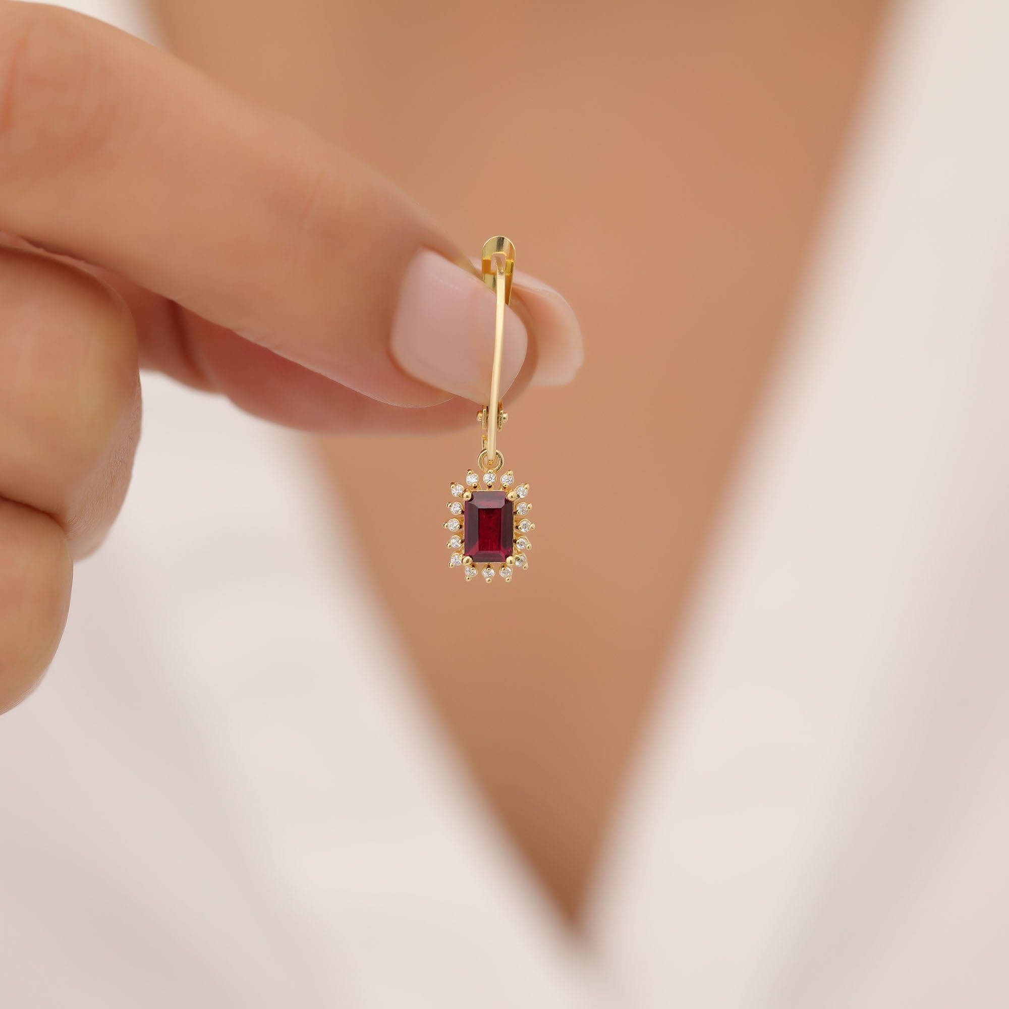Ruby Rectangle Halo Dangling Earrings surrounded by Real Diamonds in 14K Solid Gold, July Birthstone Jewelry Queen Jewelry Earrings