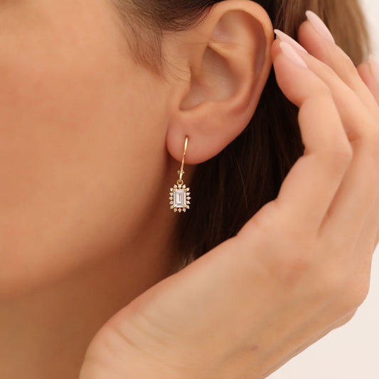 White Topaz Rectangle Halo Dangling Earrings surrounded by Real Diamonds in 14K Solid Gold, April Birthstone Jewelry Queen Jewelry Earrings