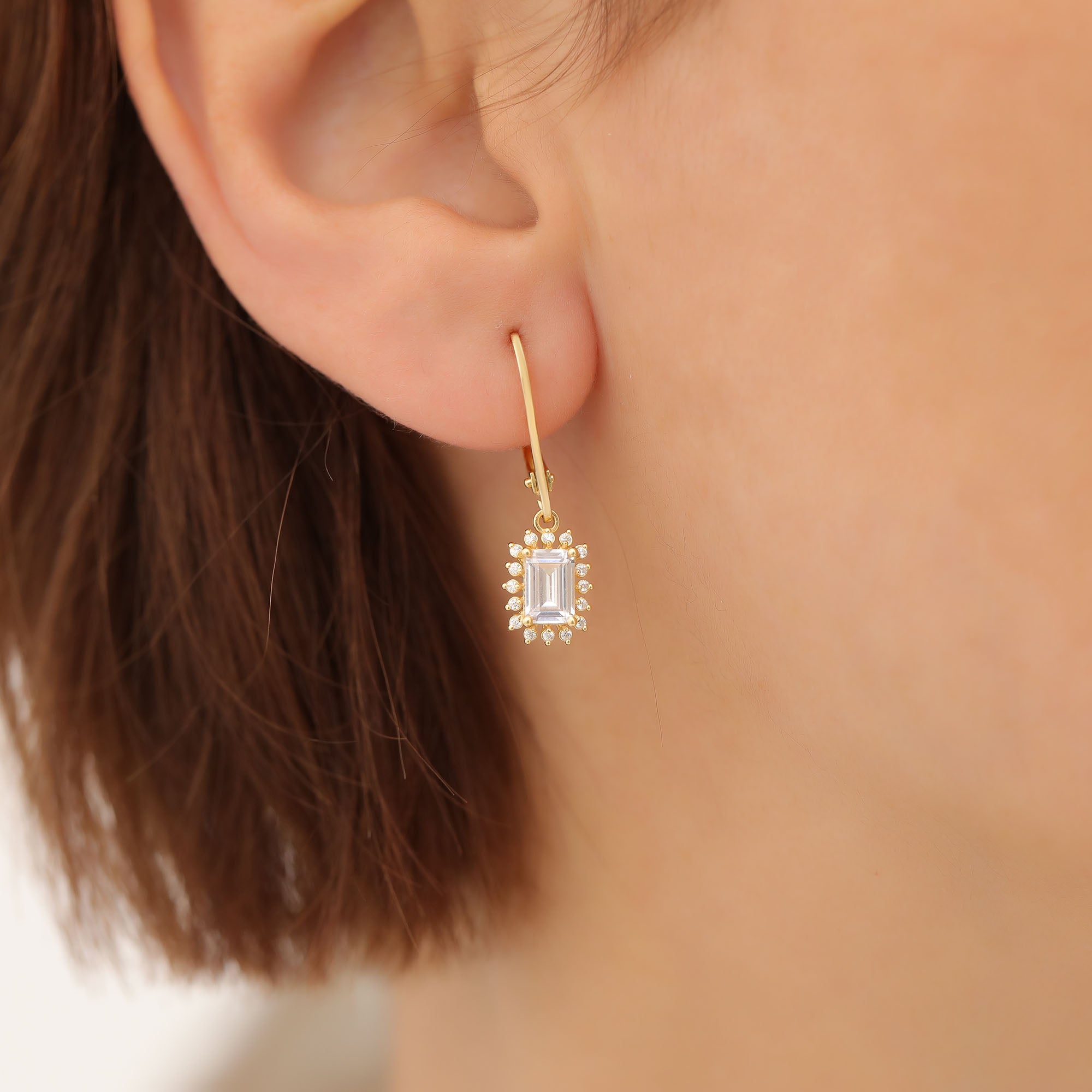 White Topaz Rectangle Halo Dangling Earrings surrounded by Real Diamonds in 14K Solid Gold, April Birthstone Jewelry Queen Jewelry Earrings
